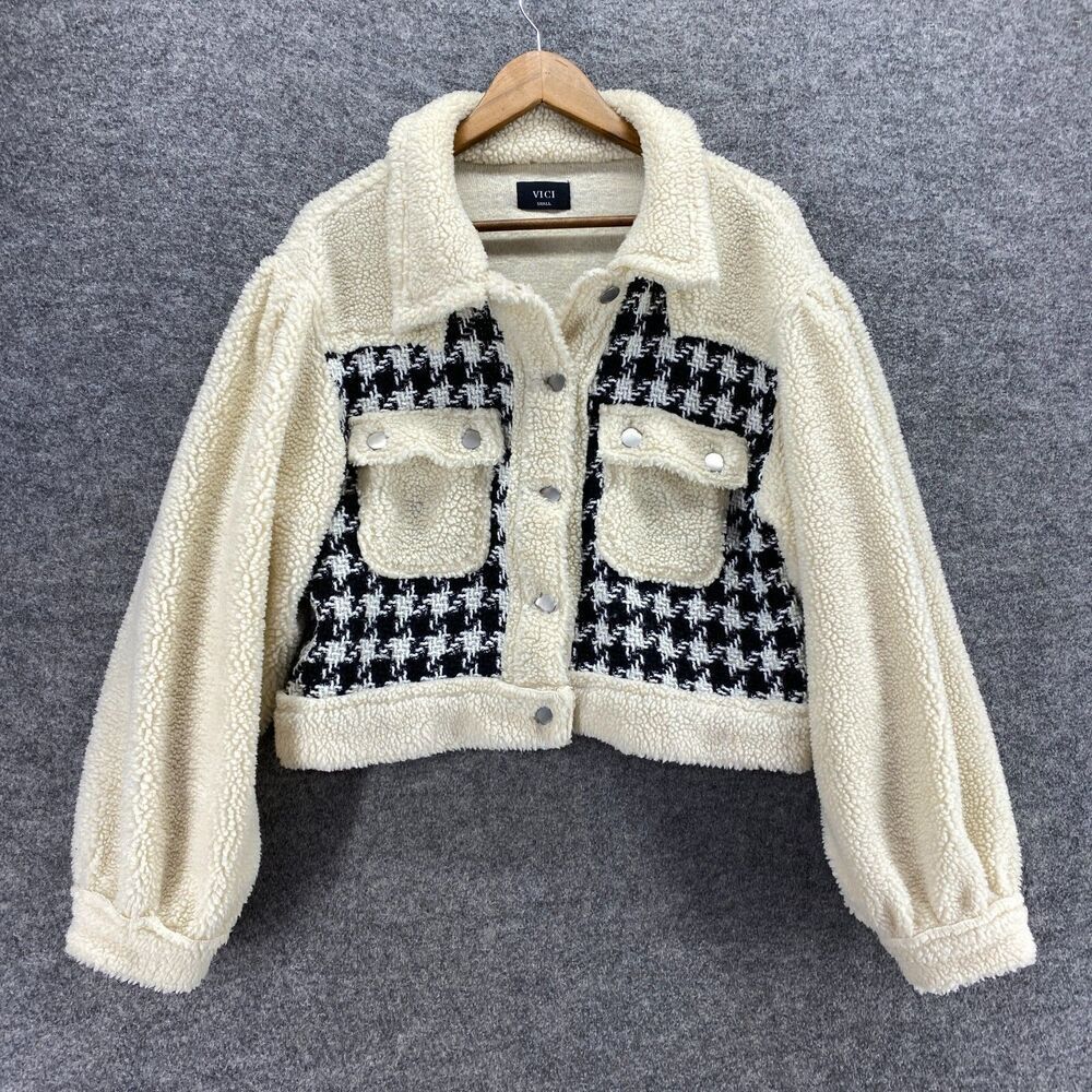 Vici Jacket Women S Small Beige Geometric Collared Fleece Long Sleeve Pockets